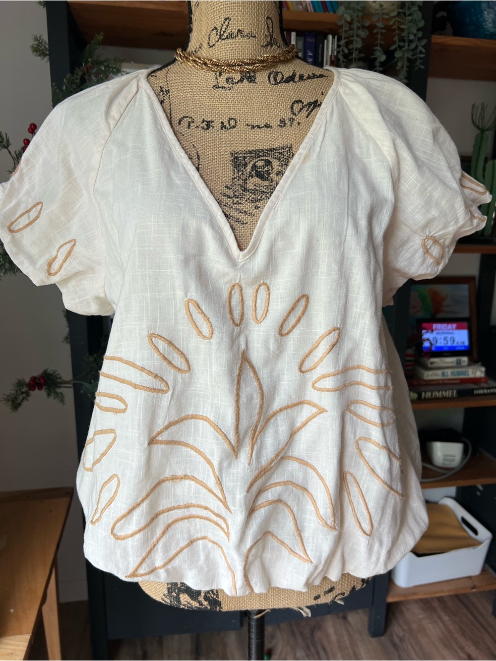Women's White Embroidered V-Neck Cotton Top